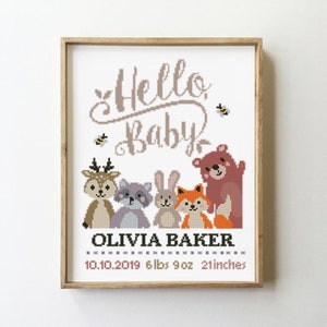 Schema punto croce per annuncio di nascita "Hello Baby" in PDF / Sampler di animali del bosco / Disegno di orso, volpe e coniglietto / Schema punto croce fai da te contato