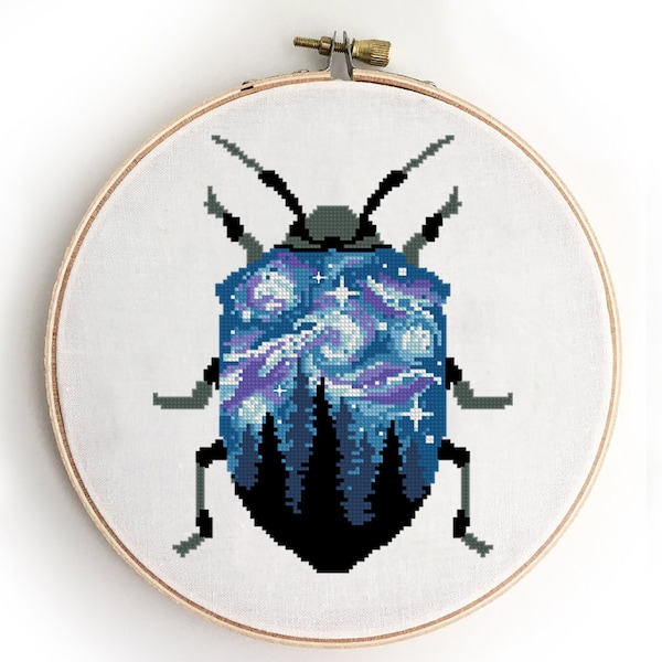 Beetle with landscape inside counted cross stitch pattern insects forest bug landscape design - Cross Stitch Pattern (Digital Format - PDF)