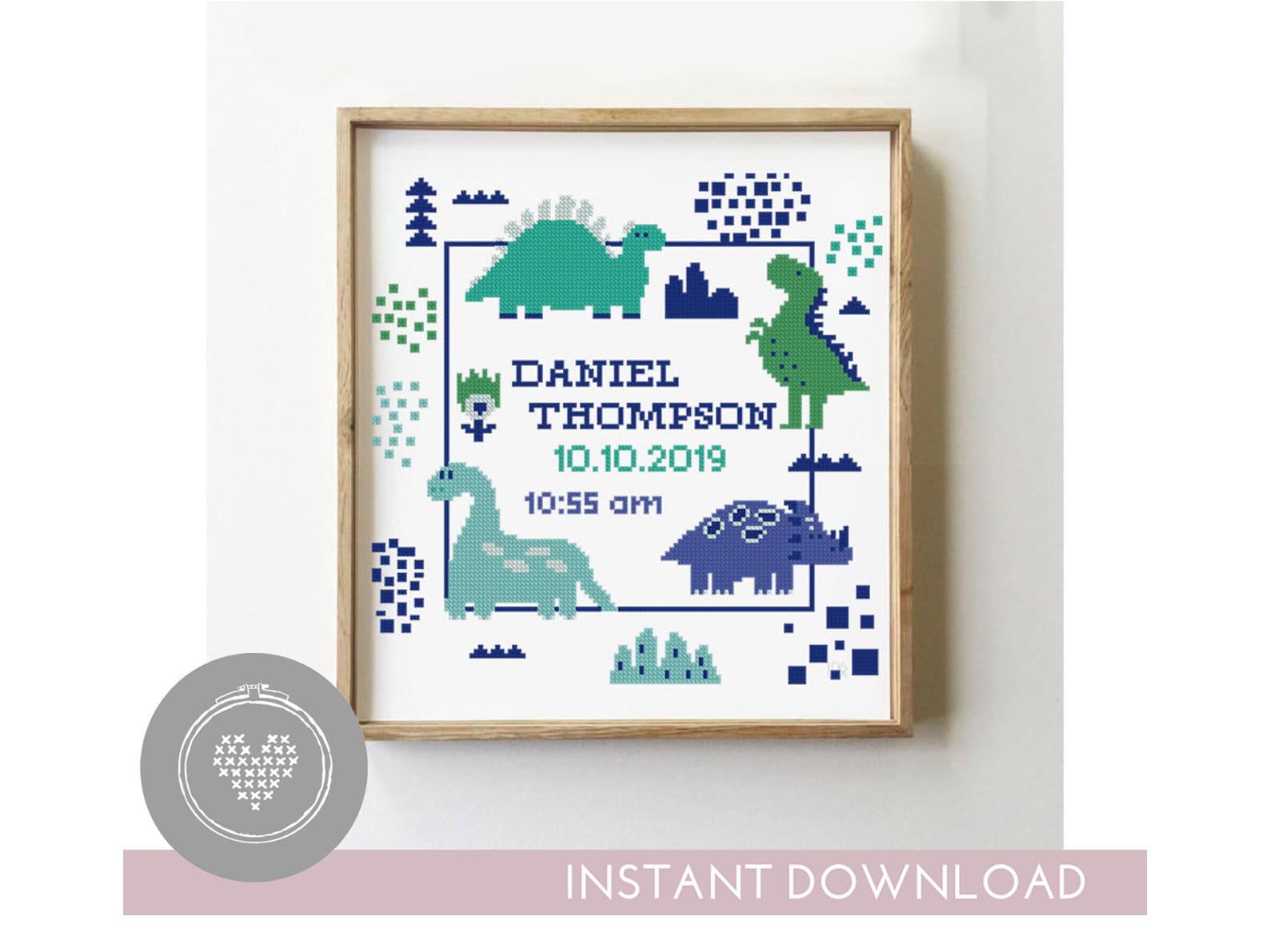 Dinosaurs Birth Announcement Cross Stitch Pattern PDF | Baby Name Sampler with Palm Tree | Cute Animal Design | Counted DIY Xstitch Chart