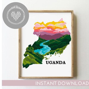 Patrón de punto de cruz de Uganda (PDF) / Silueta de paisaje natural / Escena de viaje africana / Gráfico de punto de cruz DIY contado