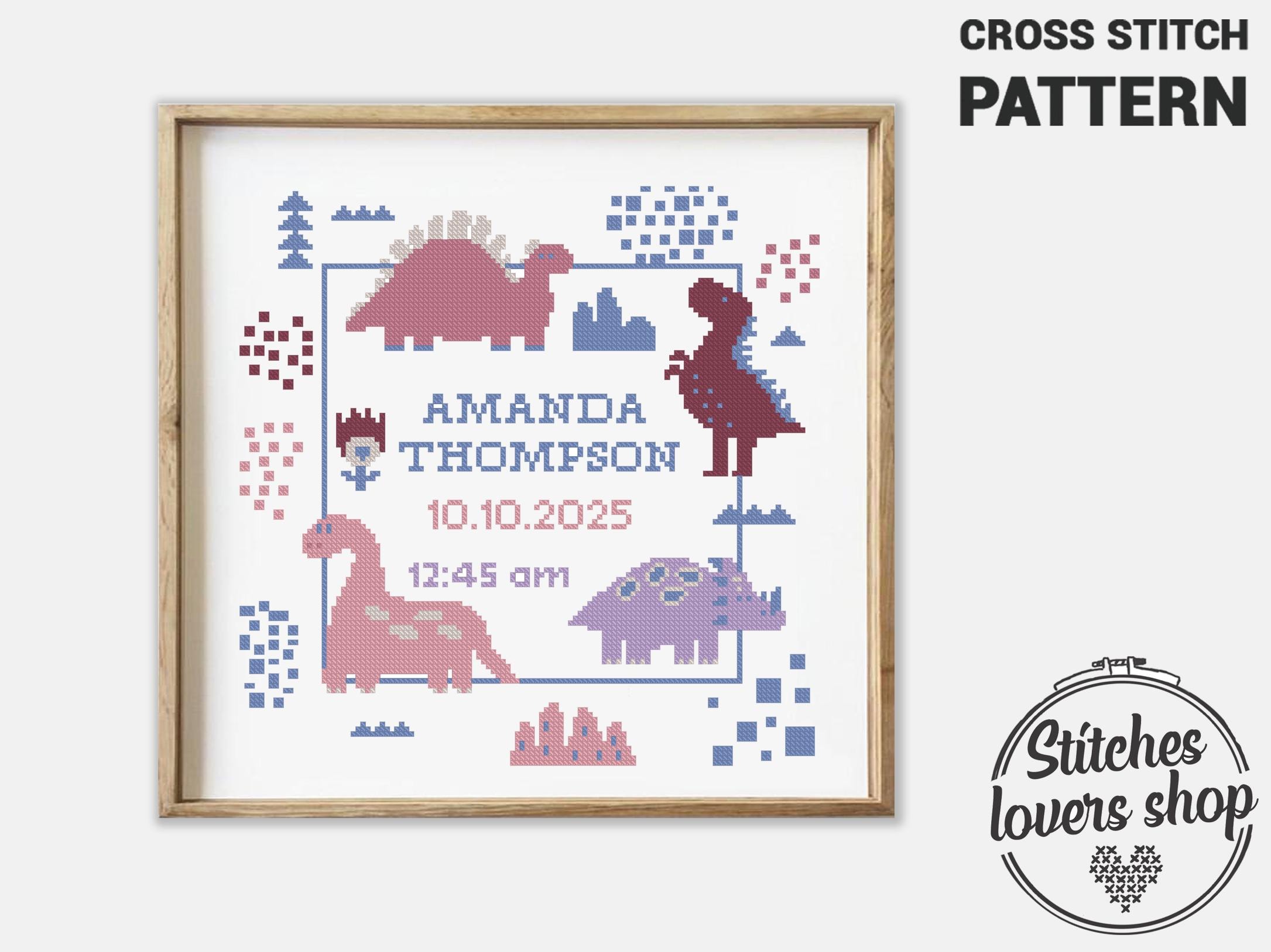 Pink Dinosaur Birth Announcement Cross Stitch Pattern, Baby Name ...