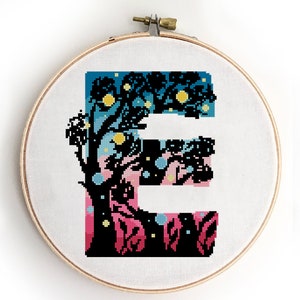 Letter E counted cross stitch pattern monogram night sky forest nursery northern lights kids - Cross Stitch Pattern (Digital Format - PDF)