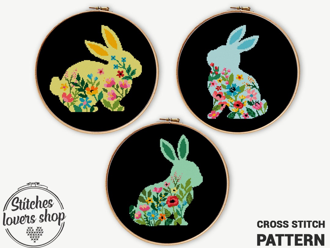 Set of 3 Cross Stitch Pattern Easter Rabbits Counted Chart Xstitch Bunny Animals DIY Easy Cross