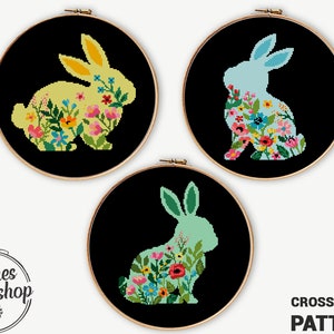 Set of 3 Easter Bunny Cross Stitch Patterns PDF | Cute Rabbits Counted Chart | Easy Animal DIY Xstitch