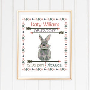 Bunny birth announcement animal Cute rabbit New baby Girl boy Personalized self to do custom - Cross Stitch Pattern (Digital Format - PDF)