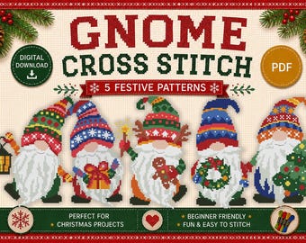 Christmas Gnome Cross Stitch Bundle, 5 Gnome Patterns PDF, Scandinavian Gnome Cross Stitch, Holiday Embroidery Pattern, Instant Download