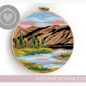 Theodore Roosevelt Nationalpark Kreuzstichmuster | Landschaft Gebirge Design | Natur Stickerei | Easy PDF Chart | DIY Dekor