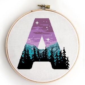 Letter A counted cross stitch pattern monogram night sky forest nursery northern lights kids - Cross Stitch Pattern (Digital Format - PDF)