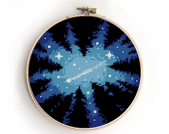 Northern Lights Cross Stitch Pattern: Galaxy Forest Landscape (PDF)