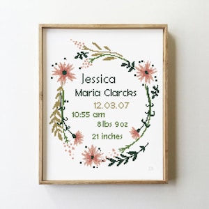 Wild flowers wreath cross stitch floral baby girl boy announcement nursery personalized custom - Cross Stitch Pattern (Digital Format - PDF)