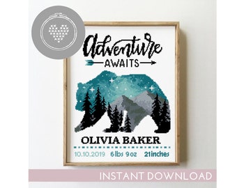 Mountains Birth Announcement Cross Stitch Pattern PDF | Adventure Baby Sampler | Nursery Girl Boy DIY Xstitch