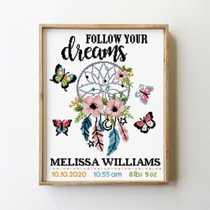 Patrón de punto de cruz de atrapasueños / Mariposas para anunciar el nacimiento / Gráfico floral DIY para guardería / Bordado moderno en PDF