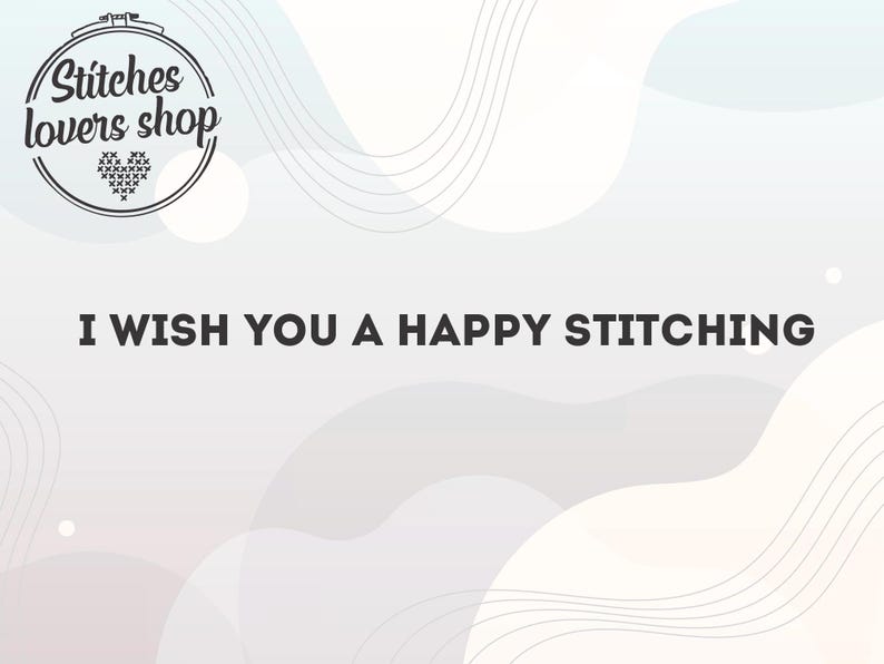 May include: A white and light blue abstract background with a white embroidery hoop with the text "Stitches lovers shop" in black. The text "I wish you a happy stitching" is in black on a white background.