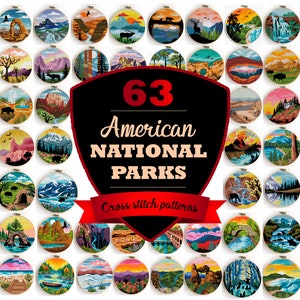 AFDRUKBARE 63 nationale parken kruissteekpatronen geteld moderne xstitch - kruissteekpatroon (digitaal formaat - pdf)