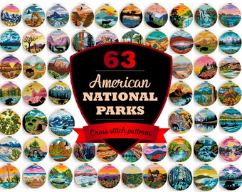 63 National Parks Cross Stitch Pattern Bundle, USA Travel Sampler, Mini Landscape Set, Adventure Gift, PDF Instant Download