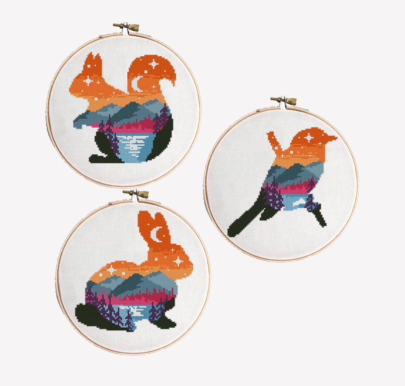 Squirrel counted cross stitch pattern animal woodland landscape forest mountains nature wild Cross Stitch Pattern Digital Format - PDF