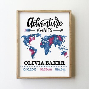 Weltkarte Geburtsankündigung Kreuzstich Muster PDF | Adventure Baby Kindergarten Sampler | Mädchen Jungen Design | Gezählte DIY Kreuzstich Vorlage