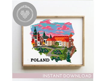 Poland cross stitch pattern count landscape nature xstitch DIY chart silhouette cross stitch - Cross Stitch Pattern (Digital Format - PDF)