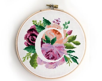 Letter C counted cross stitch pattern monogram floral peony roses bouquet nursery baby wedding - Cross Stitch Pattern (Digital Format - PDF)