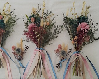 Dusty Rose Dusty Blue Wedding Dried Flower Package: Bridesmaids Bouquets, Boutonnieres, Corsages, or Crown