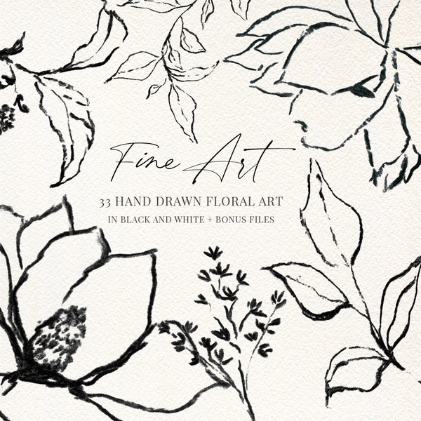 Botanicals Fine line Clipart Hand drawn fine art graphic Cherry Blossom line art, Hand drawn flowers, magnolia flowers, leaves, leaf