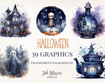 Watercolor Happy Halloween Graphics | 39 PNG Graphics, Witch, Ghost, Bat, pumpkin, Instant Download for Commercial Use