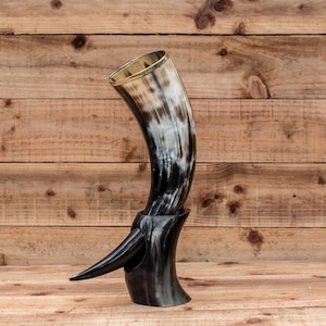 Real Horn Handmade Viking Medieval LARP Brass Rim Drinking Horn with Horn Stand image 1