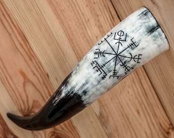 Natural Real Drinking Horn (Carved Vegvisir) Handmade Viking Medieval LARP Drinking Horn (regular)