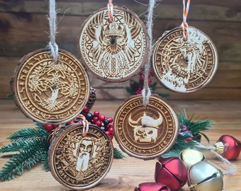 Viking Yule Christmas Tree Wood Log Decoration Ornament Set of 5