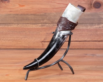 Full 3 piece set Natural Real Horn Handmade Viking Medieval LARP Small Drinking Horn (Brown Dragon leather holder)