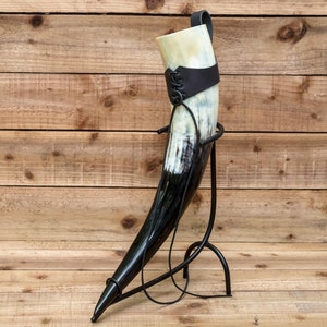 Full 3 piece set Natural Real Horn Handmade Viking Medieval LARP Large Drinking Horn Black leather image 8