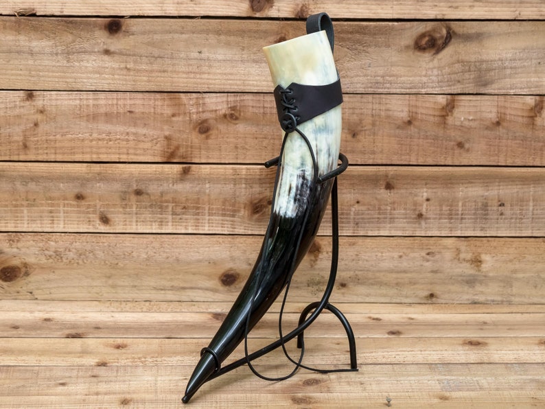 Full 3 piece set Natural Real Horn Handmade Viking Medieval LARP Large Drinking Horn Black leather image 8