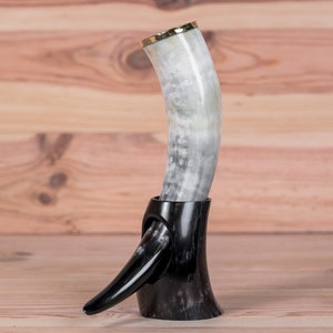 Real Horn Handmade Viking Medieval LARP Brass Rim Drinking Horn with Horn Stand image 8