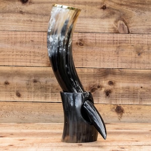 Real Horn Handmade Viking Medieval LARP Brass Rim Drinking Horn with Horn Stand image 6