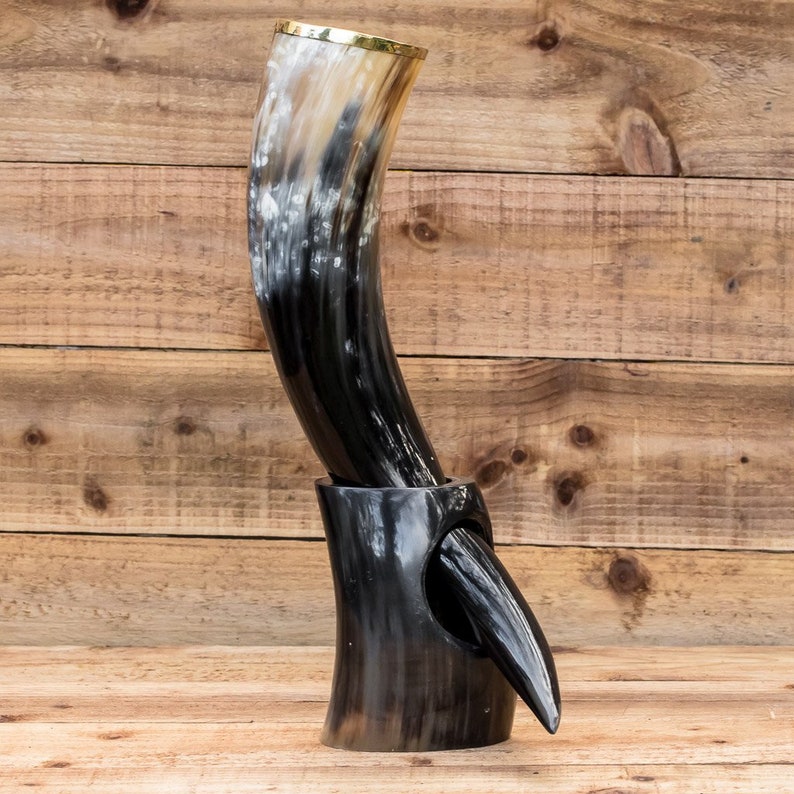 Real Horn Handmade Viking Medieval LARP Brass Rim Drinking Horn with Horn Stand image 6