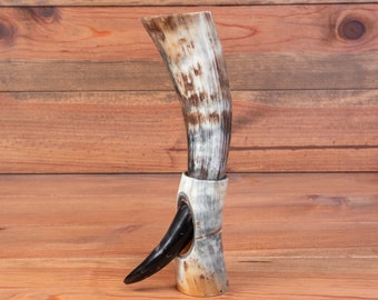 Rugged Real Horn Handmade Viking Medieval LARP Drinking Horn with Horn Stand