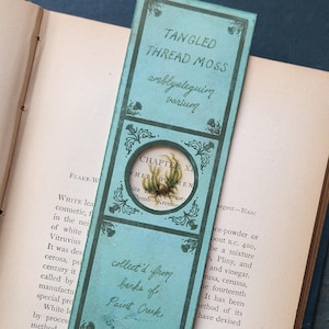 May include: A teal bookmark with the text "TANGLED THREAD MOSS" and "amblysleguim varium." It features a circular image of a plant and the text "collect'd from banks of Paint Creek." The bookmark is placed in an open book.