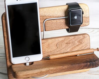 Soporte de reloj Apple, carga de reloj Apple, acoplamiento de reloj Apple, estación de acoplamiento para hombres, organizador de estación de carga, accesorios tecnológicos de madera