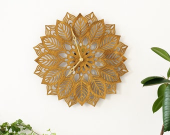 Mandala wall clock, Leaf clock, Wooden wall clock, Sacred geometry clock, Unique wall clock,Nature wall clock,Modern wall clock,Flower clock