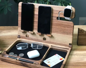 Multi-Ladestation, Doppel-Telefonständer, Ladestation für mehrere Geräte, Holz-Handy-Dockingstation, Nachttisch-Organizer für Männer