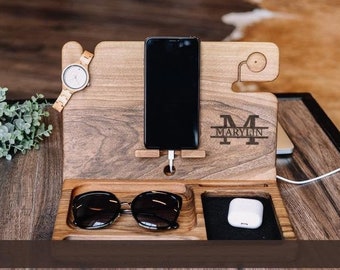 Charging station organizer, Personalized wood station men, Apple watch charging station, Charging station for multiple devices