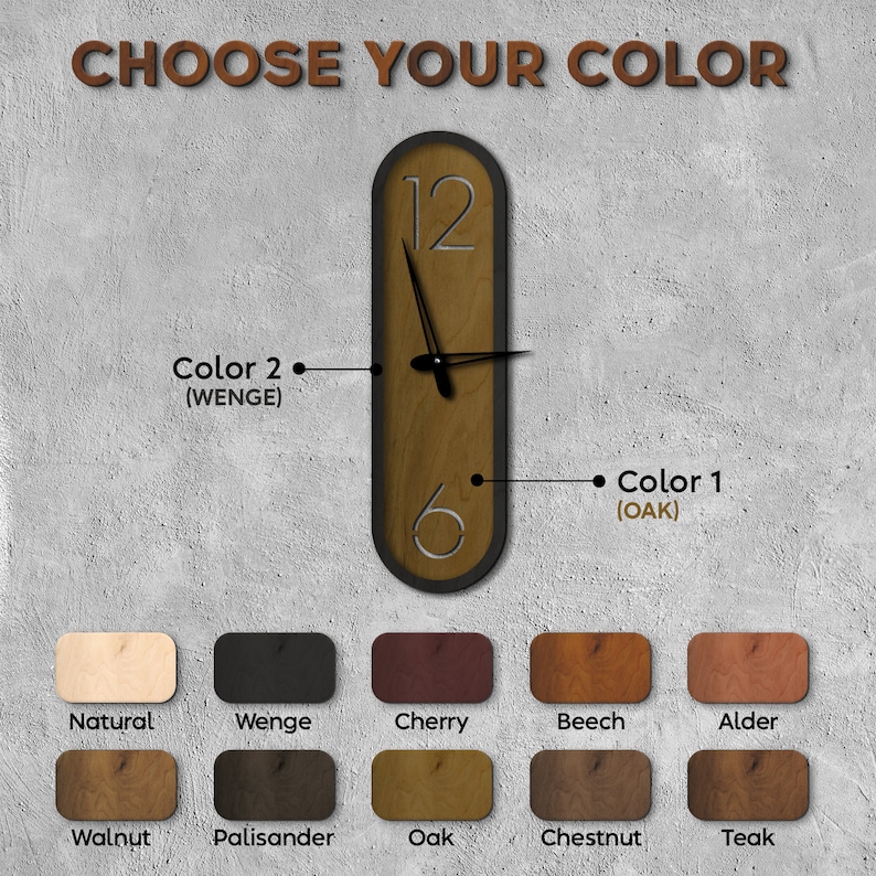 Pu&ograve; includere: Un orologio in legno con cornice nera e una scelta di 10 colori di legno: Naturale, Weng&eacute;, Ciliegio, Faggio, Ontano, Noce, Palissandro, Rovere, Castagno e Teak. Il quadrante dell'orologio &egrave; di forma ovale con lancette nere e numeri romani.