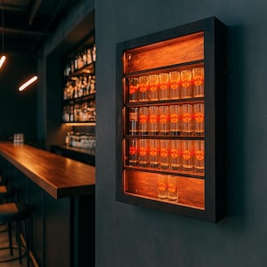 Schnapsglas-vitrine geführt, LED-Vitrine mit Glastür, Schnapsglasvitrine, Schnapsglasregal, Schnapsglashalter-Wandhalterung