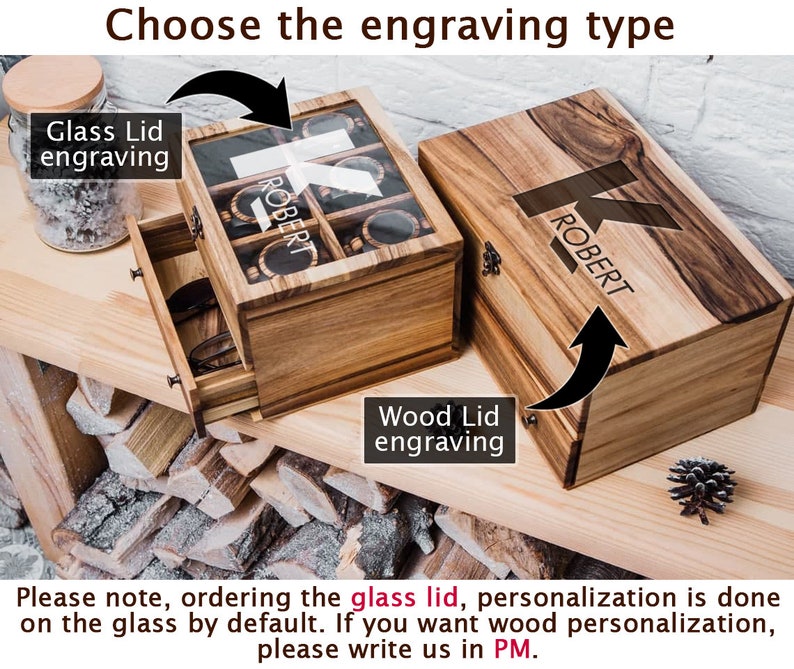 May include: A wooden box with a glass lid and a drawer. The lid and drawer can be engraved with a name. The box is shown on a wooden surface. The text on the box reads "ROBERT".
