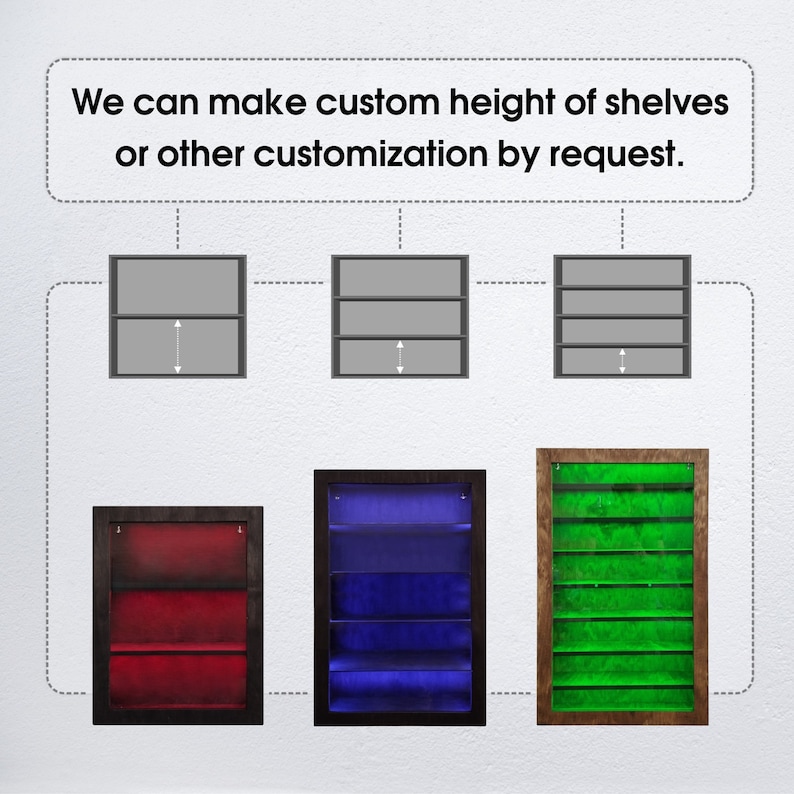 May include: Three different display cases with adjustable shelves. The cases are made of wood and have a variety of finishes. The shelves are adjustable to accommodate different sized items. "We can make custom height of shelves or other customization by request."