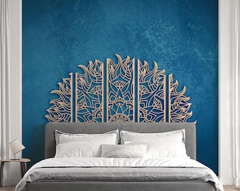 Mandala headboard king, Wooden headboard, Queen headboard wood,Carved headboard,Mandala wood wall decor,Boho headboard panel,Above bed decor