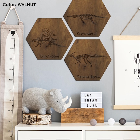 Dinosaur wood wall decor, Fossil bones wooden art for kids room, Dinosaur footprint name sign, Hexagon wall panel, Nature wood gift idea