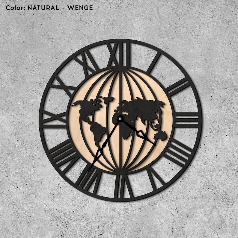 World Map Clock, Globe Clock, Wooden Wall Clock, Earth Wall Clock ...
