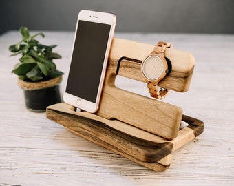 Nightstand organizer for men, Phone stand , Wood office Desk organizer, Apple watch charging dock, Dad gift, Personalized gift for men