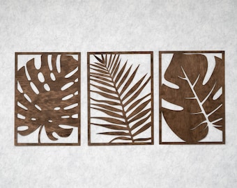 Tropical leaves wall art, Tropical wood wall art, Monstera wall decor, Palm leaf wall decor, Tropical wood wall panel, Set of 3  wood panels